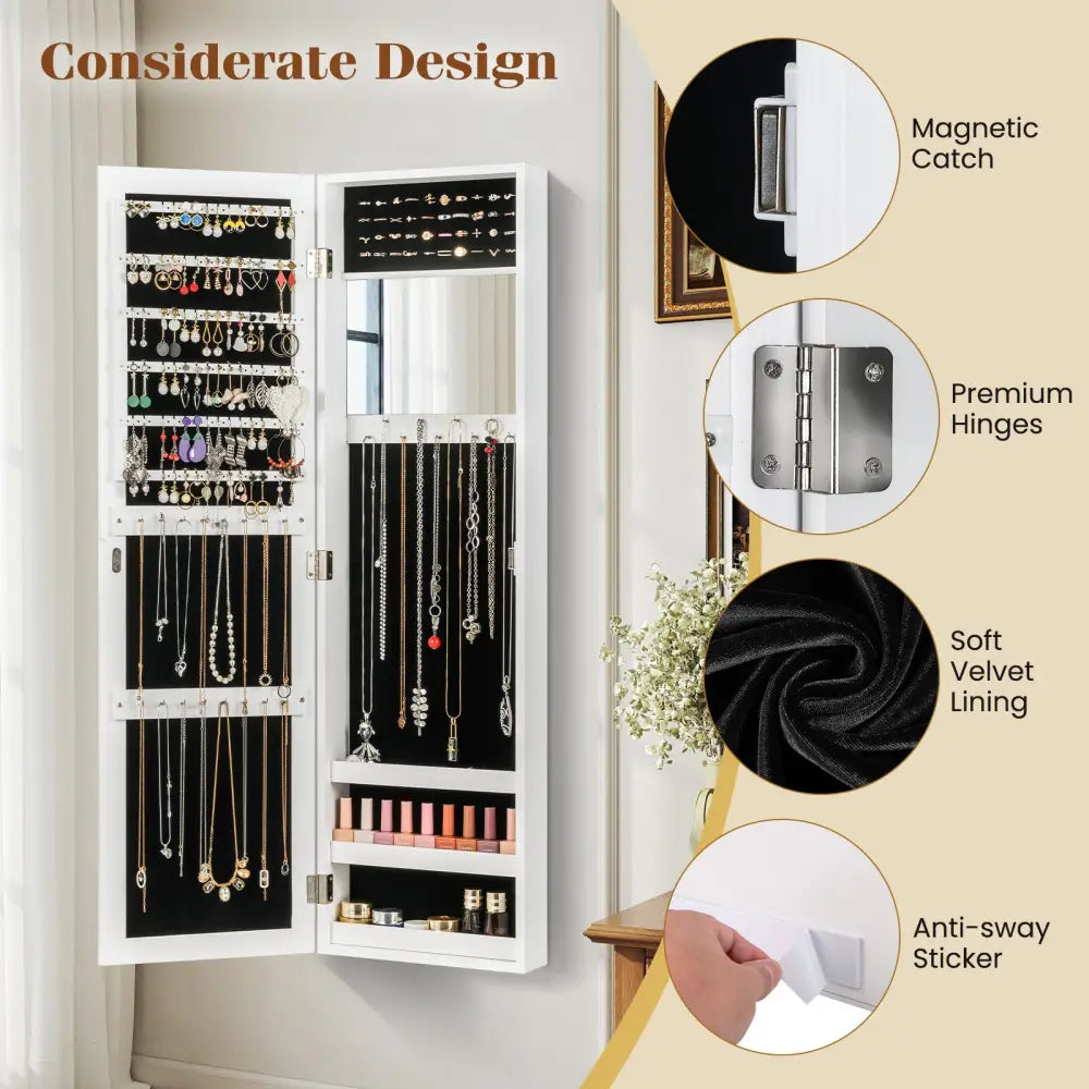 Full Length Mirror Jewelry Cabinet with Ring Slots and Necklace Hooks-White - White - Jewelry Armoires