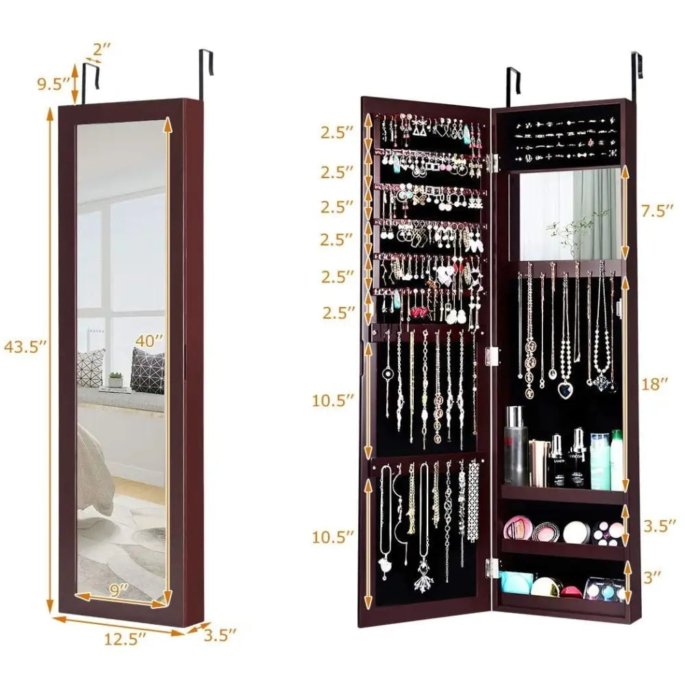 Full Length Mirror Jewelry Cabinet with Ring Slots and Necklace Hooks-Dark Brown - Dark Brown - Jewelry Armoires