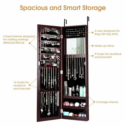 Full Length Mirror Jewelry Cabinet with Ring Slots and Necklace Hooks-Dark Brown - Dark Brown - Jewelry Armoires