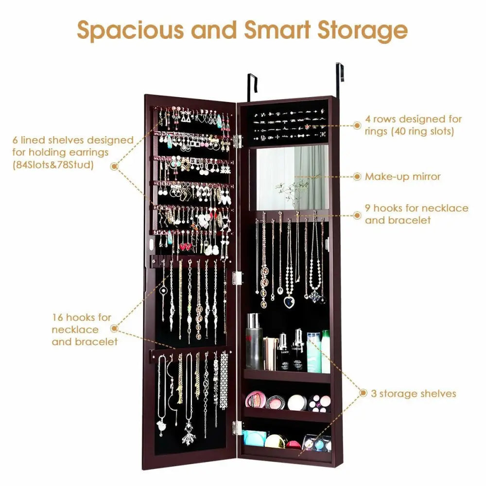Full Length Mirror Jewelry Cabinet with Ring Slots and Necklace Hooks-Dark Brown - Dark Brown - Jewelry Armoires