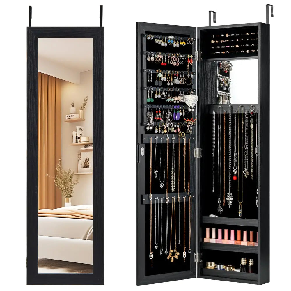 Full Length Mirror Jewelry Cabinet with Ring Slots and Necklace Hooks-Black - Black - Jewelry Armoires