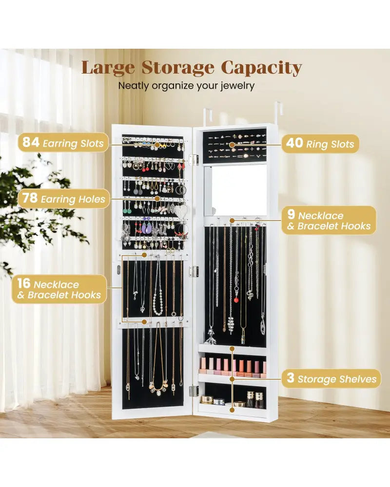 Full Length Mirror Jewelry Cabinet with Ring Slots and Necklace Hooks-White - White - Jewelry Armoires