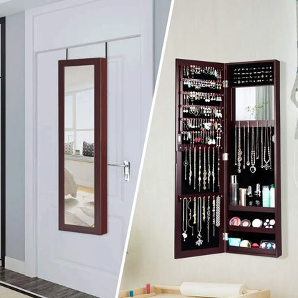 Full Length Mirror Jewelry Cabinet with Ring Slots and Necklace Hooks-Dark Brown - Dark Brown - Jewelry Armoires