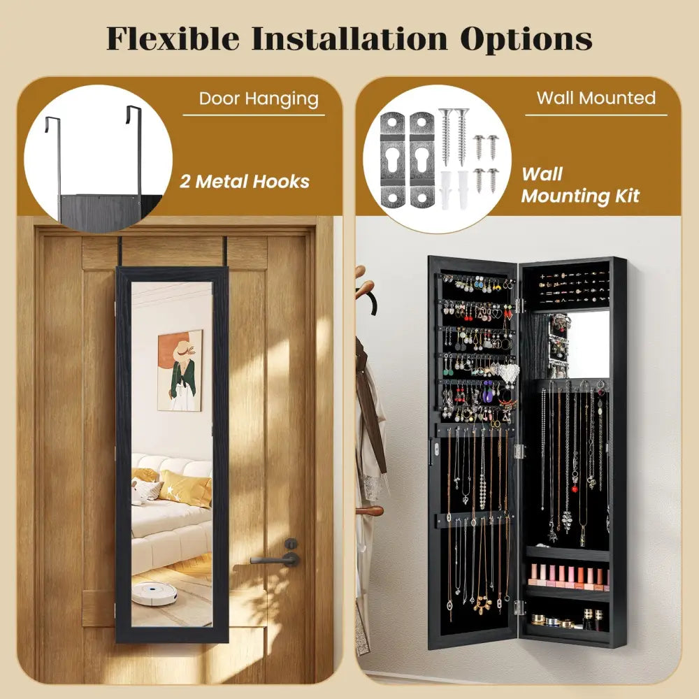 Full Length Mirror Jewelry Cabinet with Ring Slots and Necklace Hooks-Black - Black - Jewelry Armoires