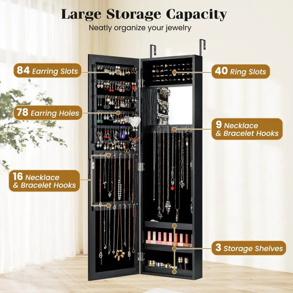 Full Length Mirror Jewelry Cabinet with Ring Slots and Necklace Hooks-Black - Black - Jewelry Armoires