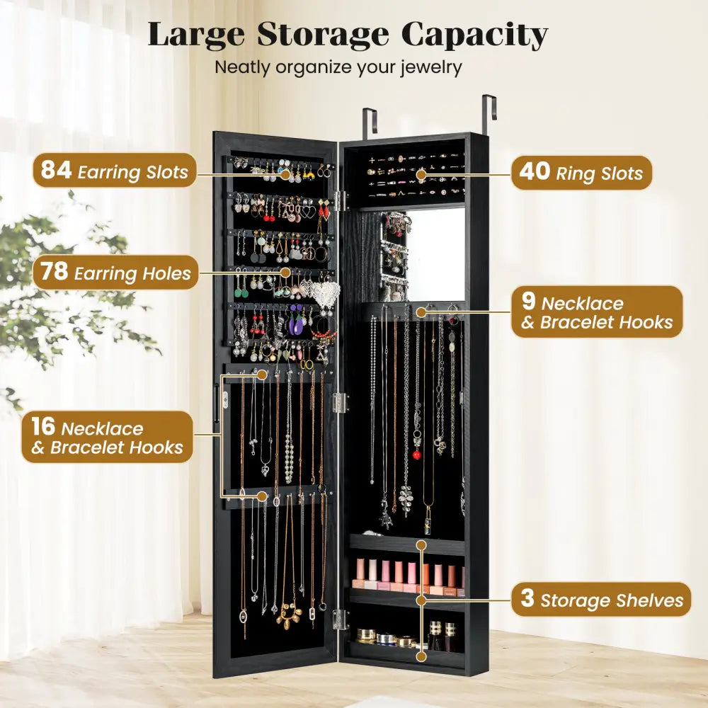 Full Length Mirror Jewelry Cabinet with Ring Slots and Necklace Hooks-Black - Black - Jewelry Armoires