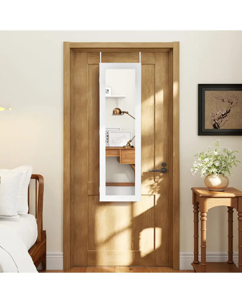 Full Length Mirror Jewelry Cabinet with Ring Slots and Necklace Hooks-White - White - Jewelry Armoires