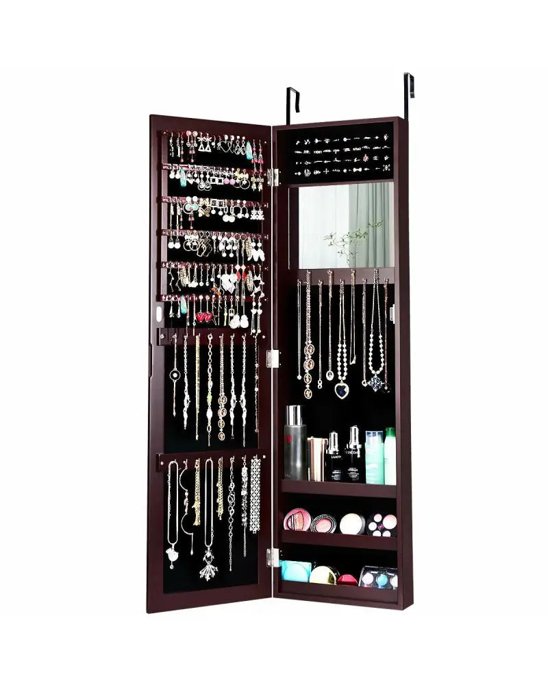 Full Length Mirror Jewelry Cabinet with Ring Slots and Necklace Hooks-Dark Brown - Dark Brown - Jewelry Armoires