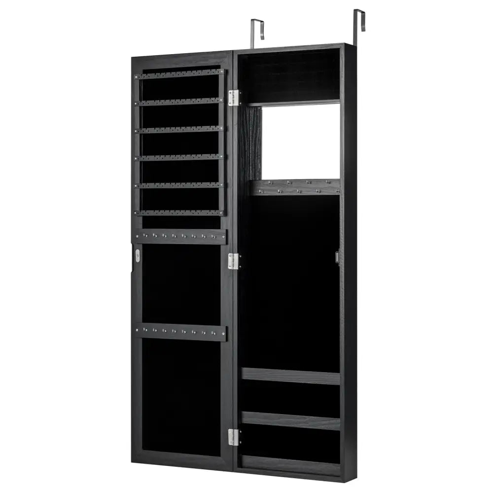Full Length Mirror Jewelry Cabinet with Ring Slots and Necklace Hooks-Black - Black - Jewelry Armoires