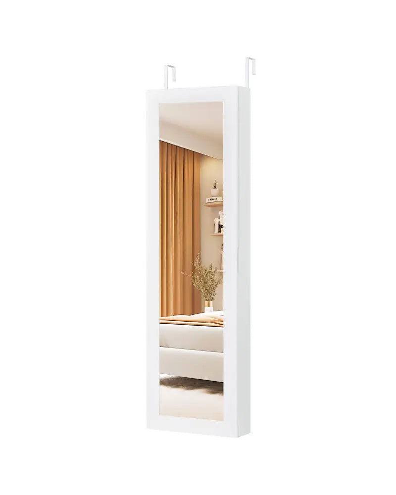 Full Length Mirror Jewelry Cabinet with Ring Slots and Necklace Hooks-White - White - Jewelry Armoires