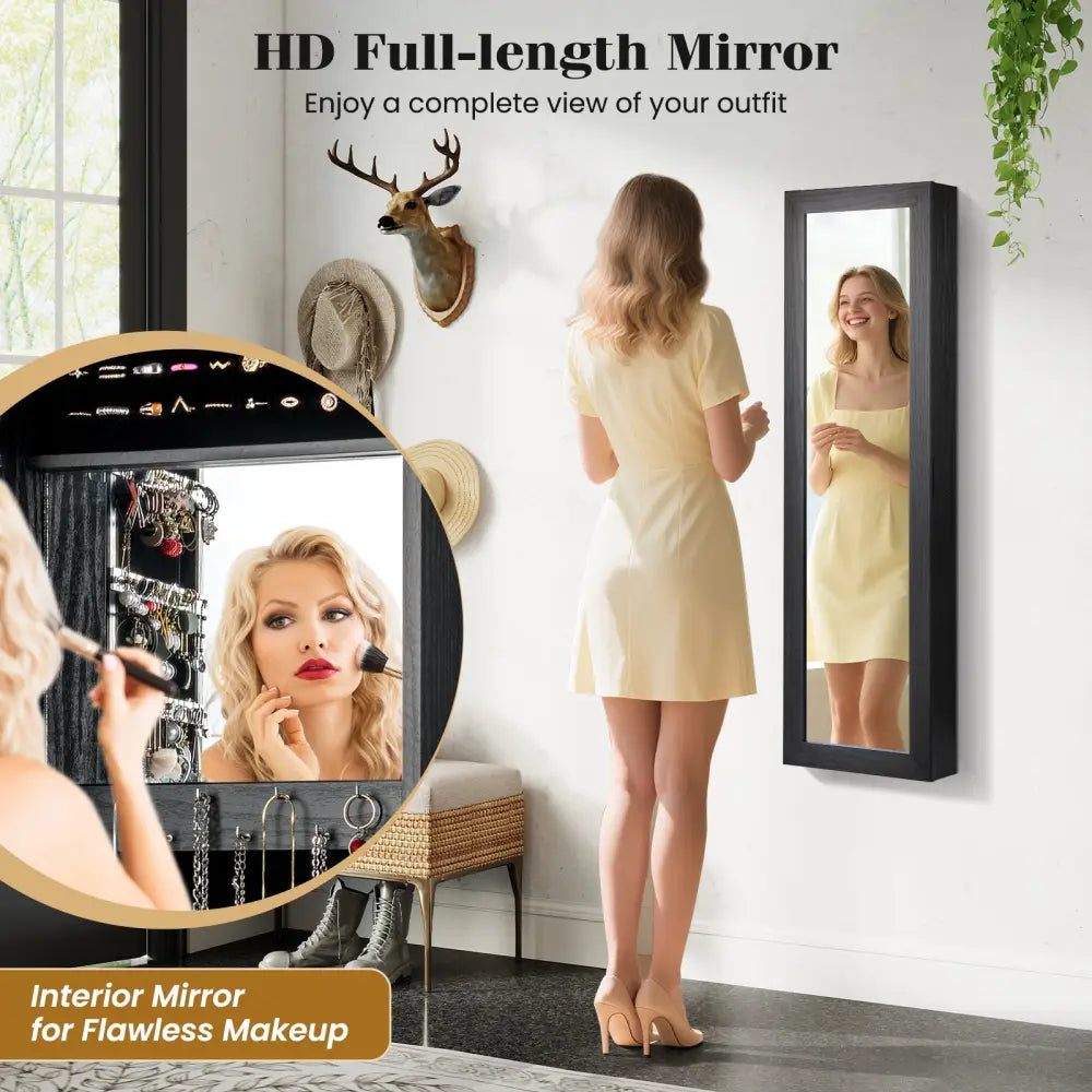 Full Length Mirror Jewelry Cabinet with Ring Slots and Necklace Hooks-Black - Black - Jewelry Armoires
