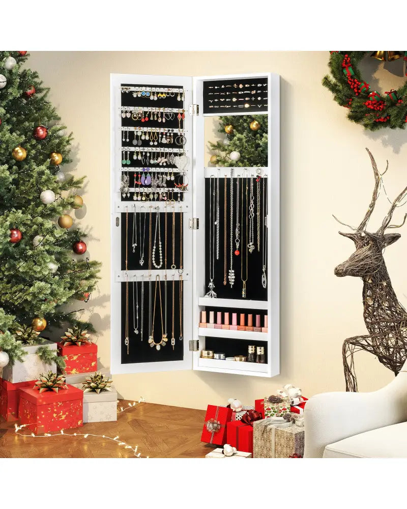 Full Length Mirror Jewelry Cabinet with Ring Slots and Necklace Hooks-White - White - Jewelry Armoires