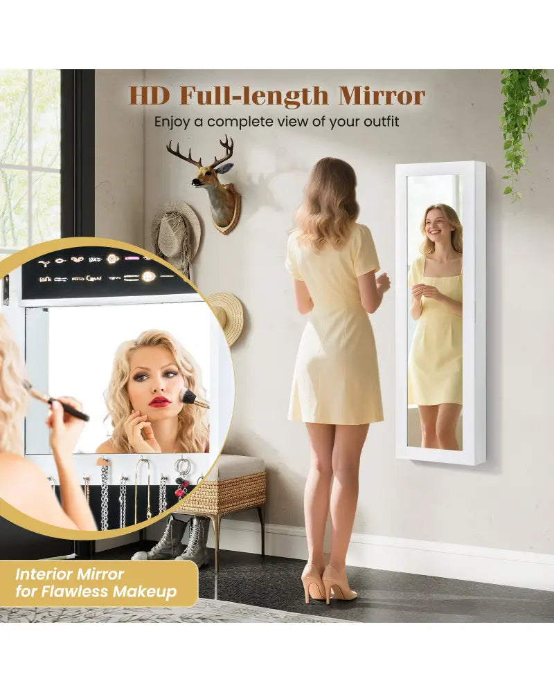 Full Length Mirror Jewelry Cabinet with Ring Slots and Necklace Hooks-White - White - Jewelry Armoires