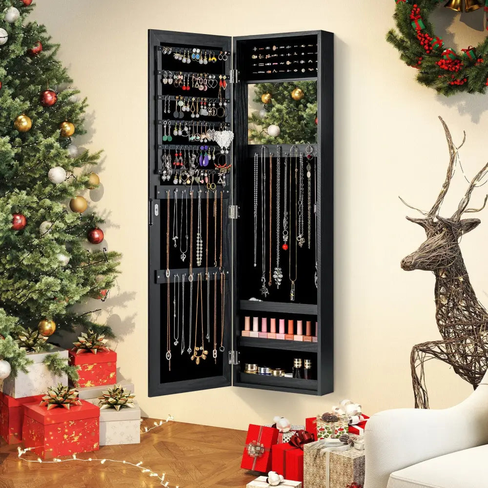 Full Length Mirror Jewelry Cabinet with Ring Slots and Necklace Hooks-Black - Black - Jewelry Armoires