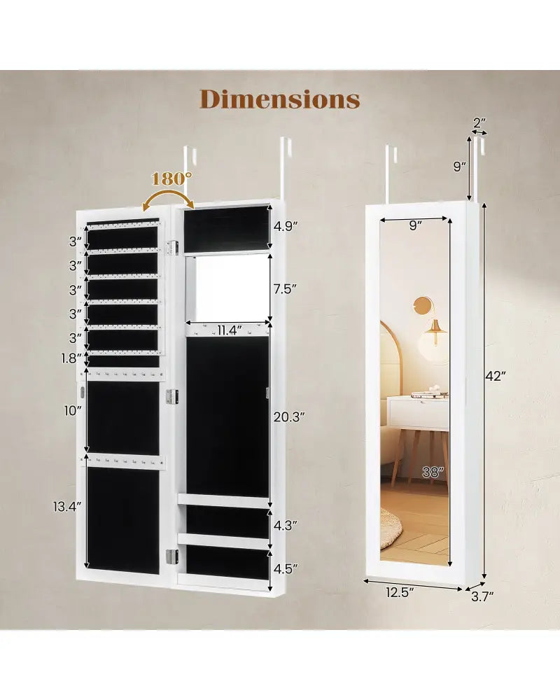 Full Length Mirror Jewelry Cabinet with Ring Slots and Necklace Hooks-White - White - Jewelry Armoires