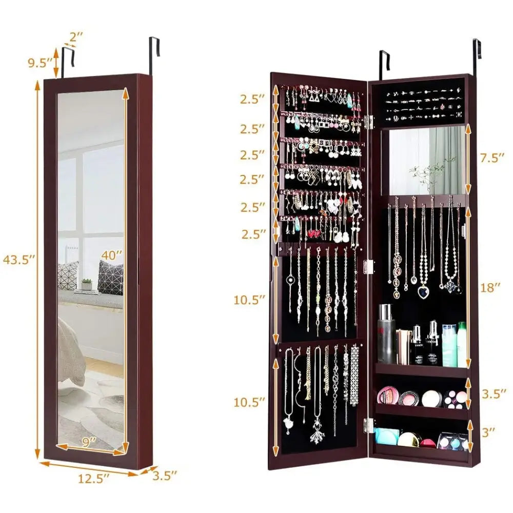 Full Length Mirror Jewelry Cabinet with Ring Slots and Necklace Hooks-Dark Brown - Dark Brown - Jewelry Armoires