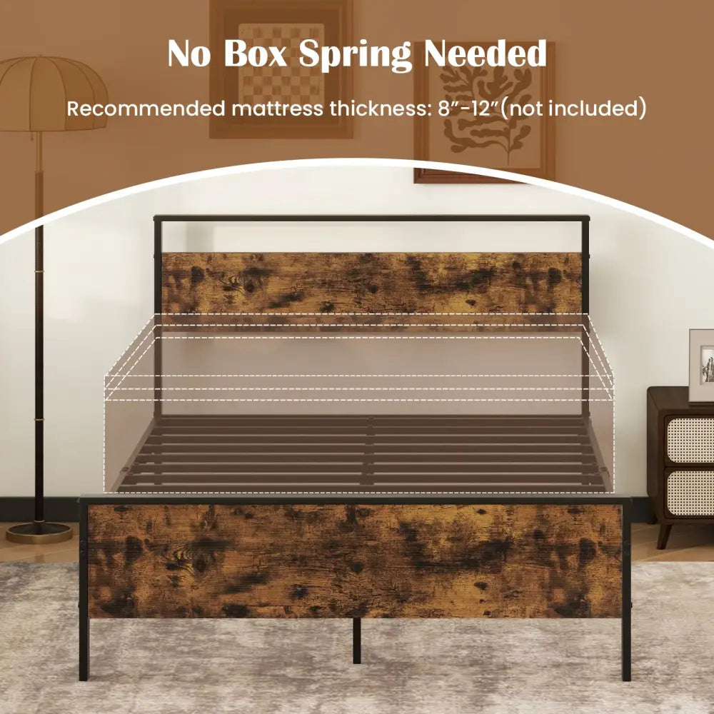 Full Metal Bed Frame Industrial Platform Bed with Wooden Headboard-Full Size - Rustic Brown - Simple Bed Frame