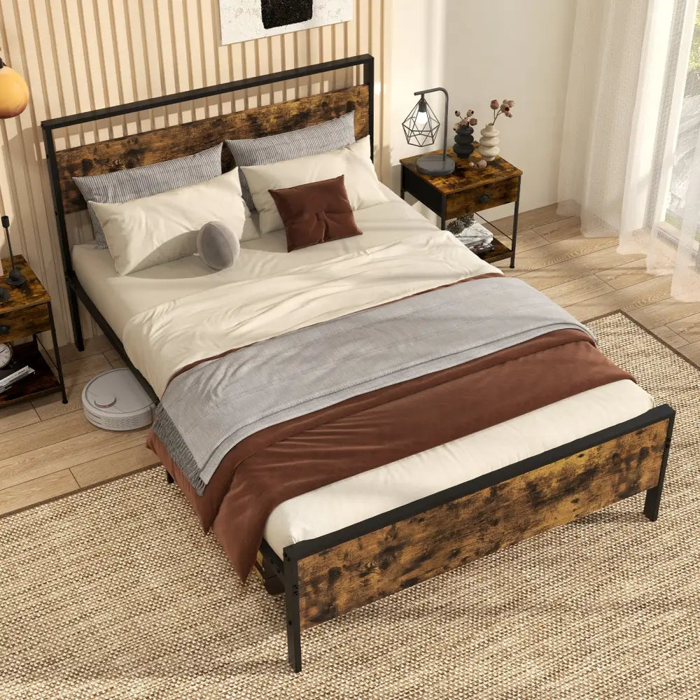 Full Metal Bed Frame Industrial Platform Bed with Wooden Headboard-Full Size - Rustic Brown - Simple Bed Frame