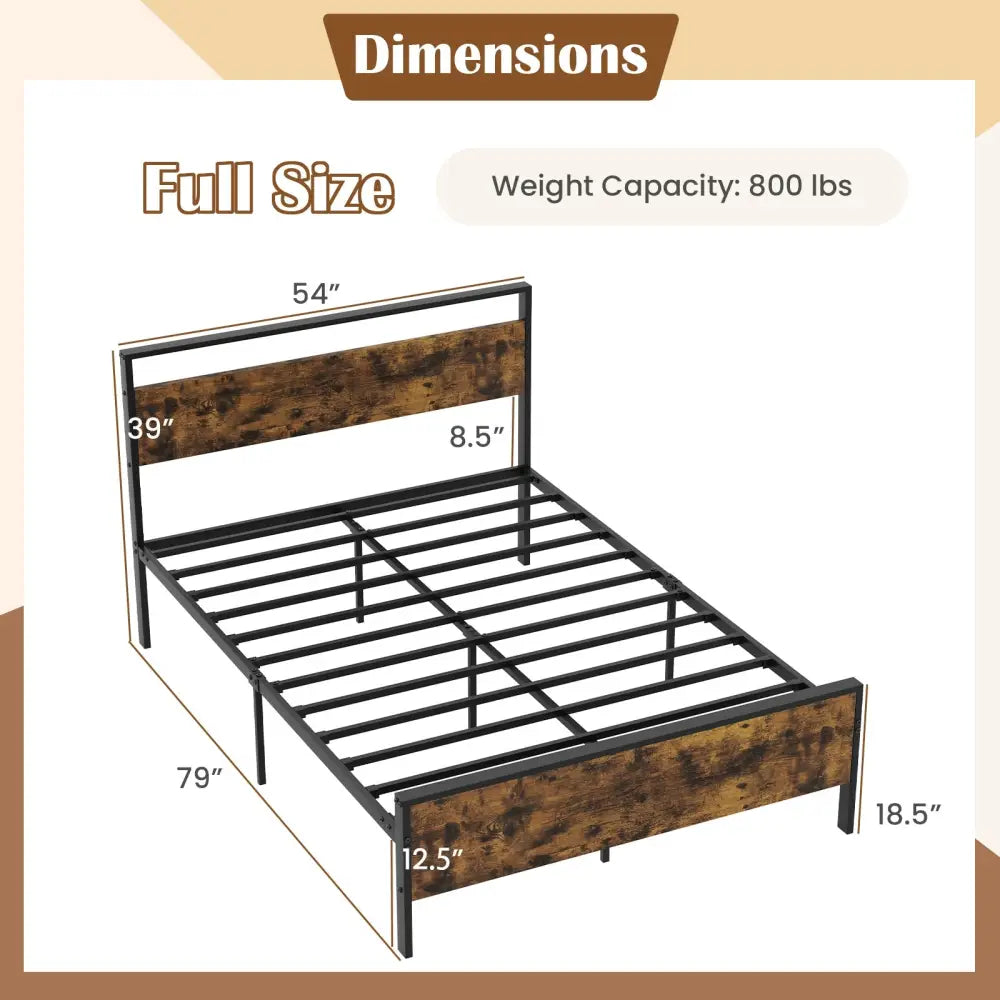 Full Metal Bed Frame Industrial Platform Bed with Wooden Headboard-Full Size - Rustic Brown - Simple Bed Frame