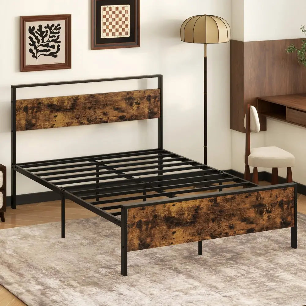 Full Metal Bed Frame Industrial Platform Bed with Wooden Headboard-Full Size - Rustic Brown - Simple Bed Frame