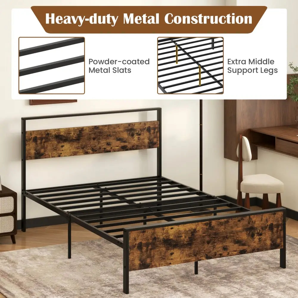 Full Metal Bed Frame Industrial Platform Bed with Wooden Headboard-Full Size - Rustic Brown - Simple Bed Frame