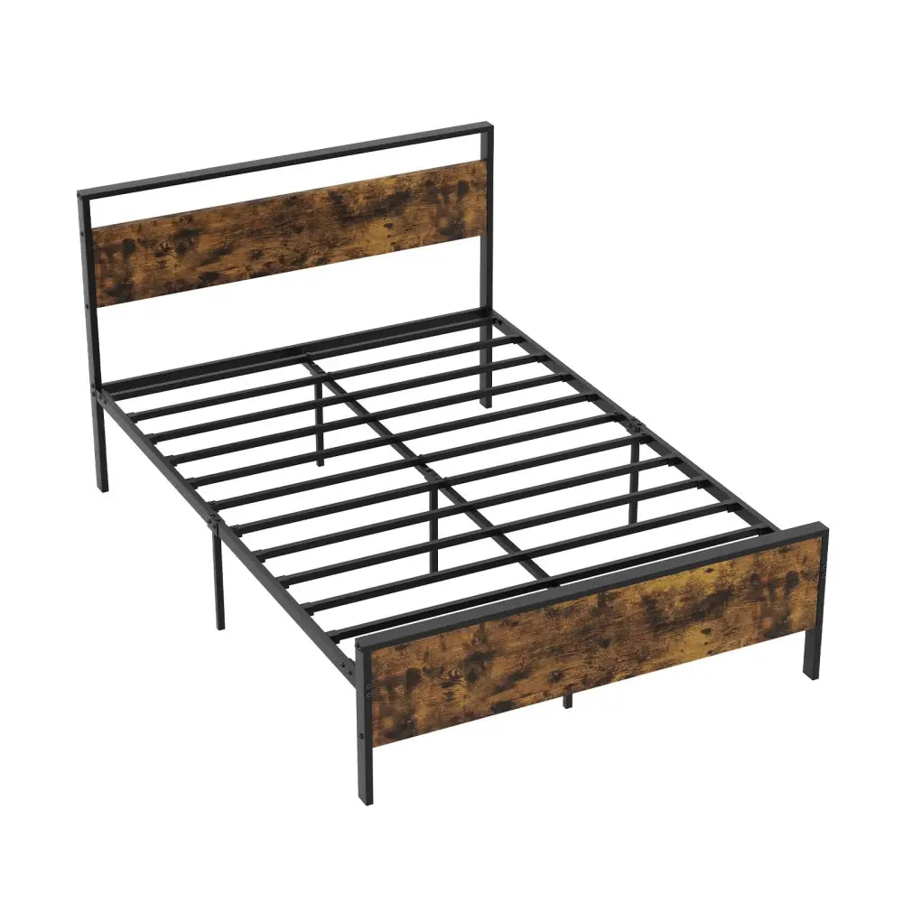 Full Metal Bed Frame Industrial Platform Bed with Wooden Headboard-Full Size - Rustic Brown - Simple Bed Frame