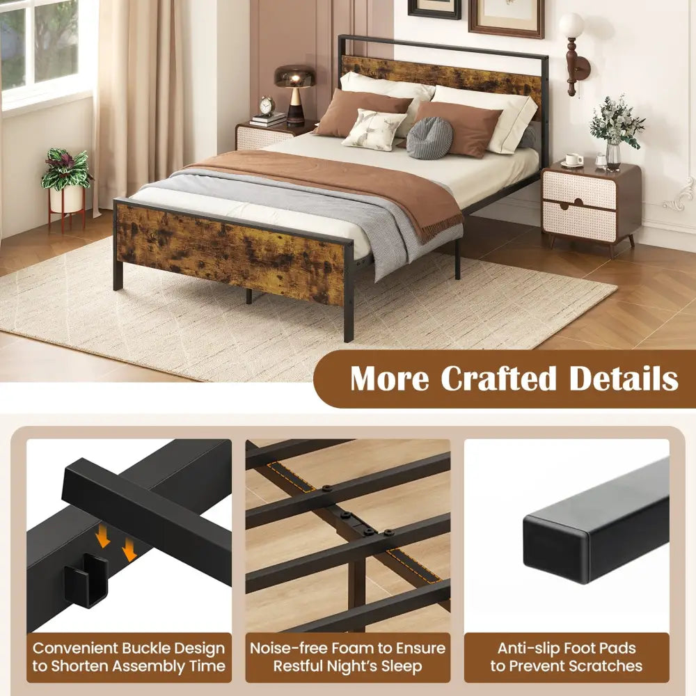 Full Metal Bed Frame Industrial Platform Bed with Wooden Headboard-Full Size - Rustic Brown - Simple Bed Frame
