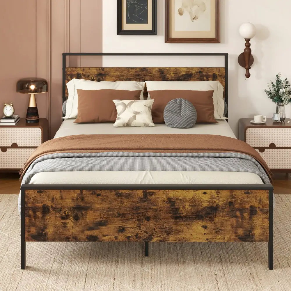 Full Metal Bed Frame Industrial Platform Bed with Wooden Headboard-Full Size - Rustic Brown - Simple Bed Frame