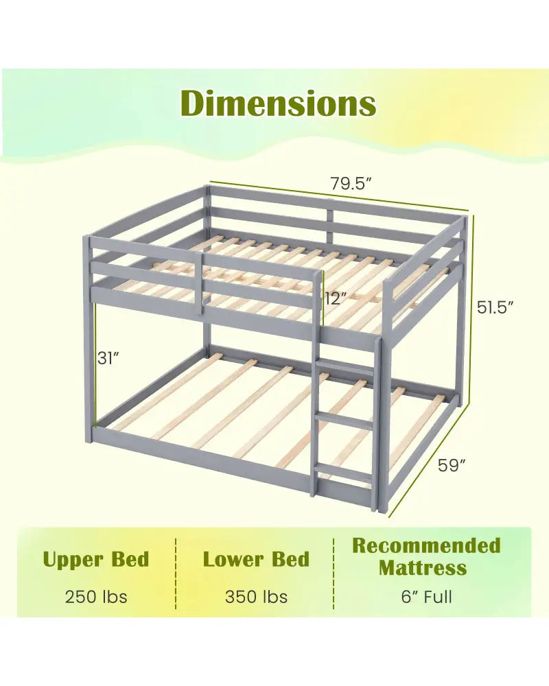 Full Over Full Bunk Bed Low-to-ground Bunk Bed-Gray - Gray - Bunk Bed Frame