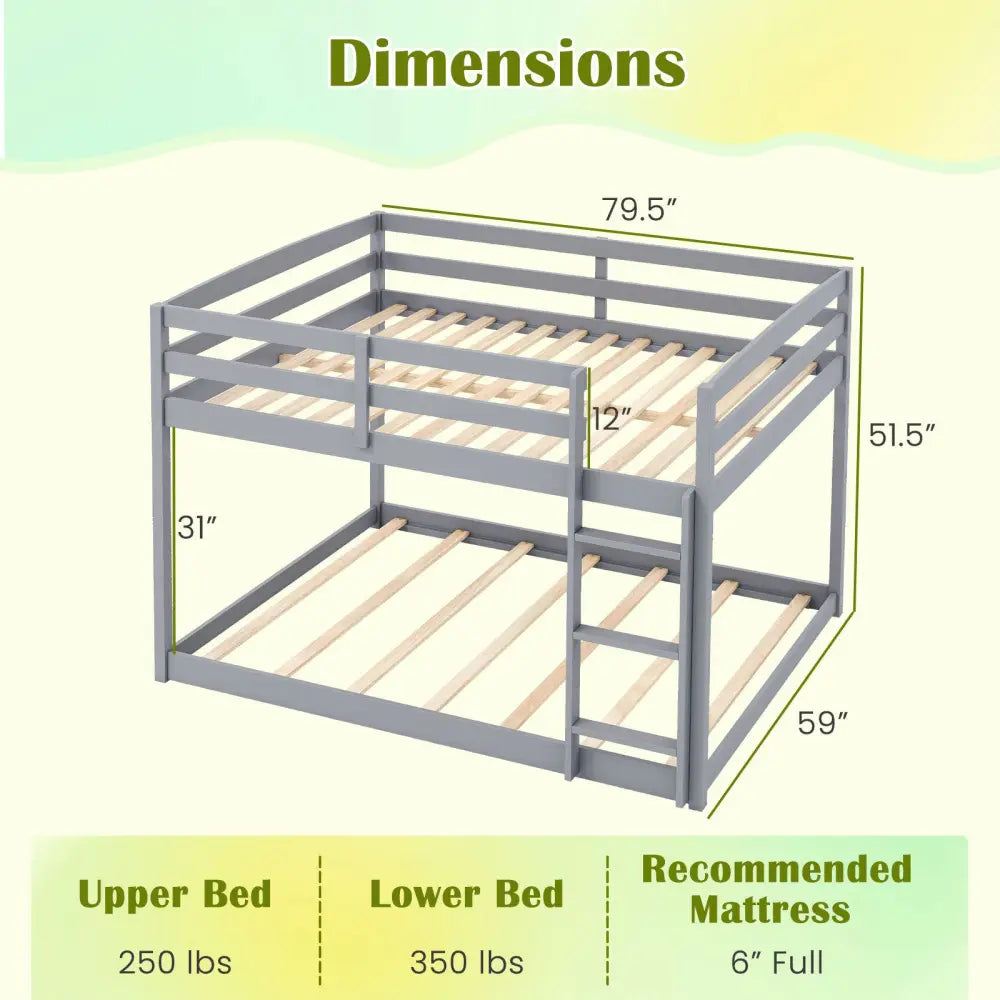 Full Over Full Bunk Bed Low-to-ground Bunk Bed-Gray - Gray - Bunk Bed Frame