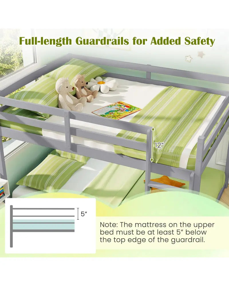 Full Over Full Bunk Bed Low-to-ground Bunk Bed-Gray - Gray - Bunk Bed Frame