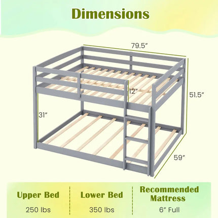 Full Over Full Bunk Bed Low-to-ground Bunk Bed-Gray - Gray - Bunk Bed Frame