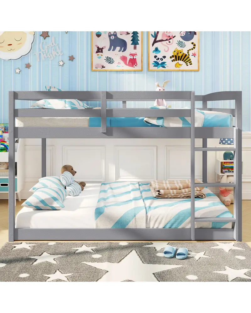 Full Over Full Bunk Bed Low-to-ground Bunk Bed-Gray - Gray - Bunk Bed Frame