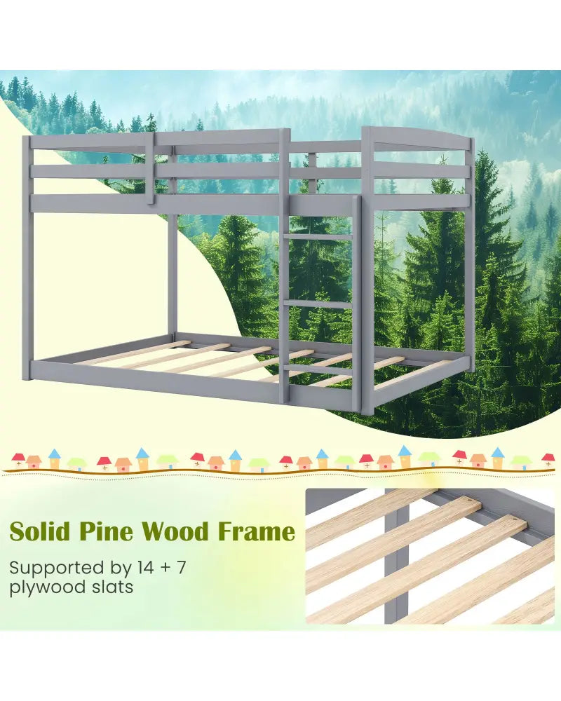 Full Over Full Bunk Bed Low-to-ground Bunk Bed-Gray - Gray - Bunk Bed Frame