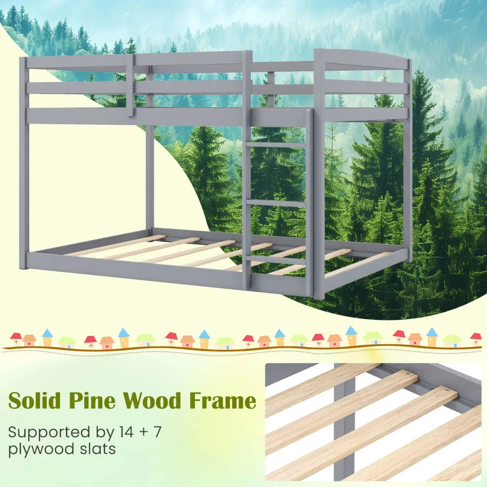 Full Over Full Bunk Bed Low-to-ground Bunk Bed-Gray - Gray - Bunk Bed Frame