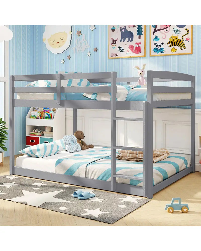 Full Over Full Bunk Bed Low-to-ground Bunk Bed-Gray - Gray - Bunk Bed Frame