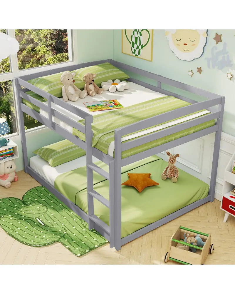 Full Over Full Bunk Bed Low-to-ground Bunk Bed-Gray - Gray - Bunk Bed Frame