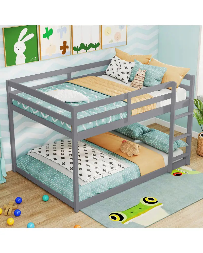 Full Over Full Bunk Bed Low-to-ground Bunk Bed-Gray - Gray - Bunk Bed Frame