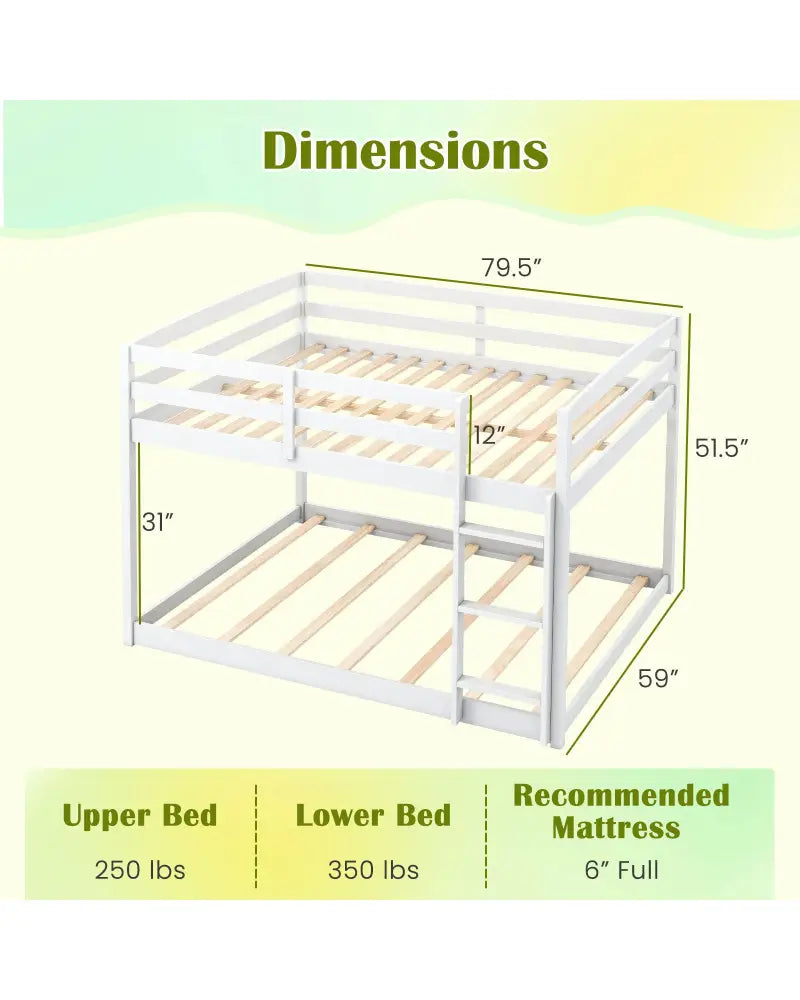 Full Over Full Bunk Bed Low-to-ground Bunk Bed-White - White - Bunk Bed Frame
