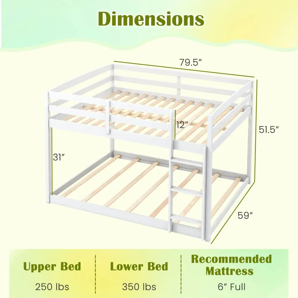 Full Over Full Bunk Bed Low-to-ground Bunk Bed-White - White - Bunk Bed Frame