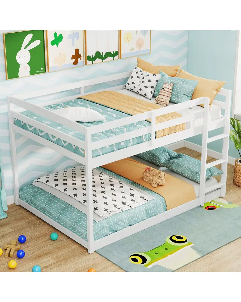 Full Over Full Bunk Bed Low-to-ground Bunk Bed-White - White - Bunk Bed Frame
