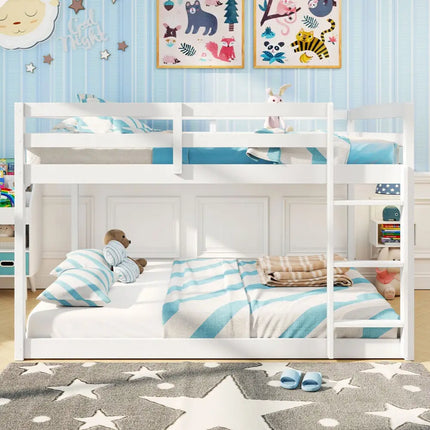 Full Over Full Bunk Bed Low-to-ground Bunk Bed-White - White - Bunk Bed Frame