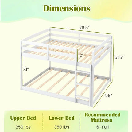 Full Over Full Bunk Bed Low-to-ground Bunk Bed-White - White - Bunk Bed Frame