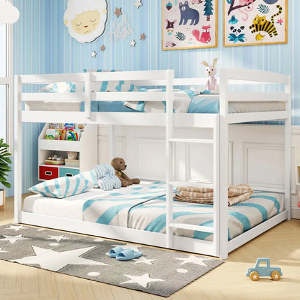 Full Over Full Bunk Bed Low-to-ground Bunk Bed-White - White - Bunk Bed Frame