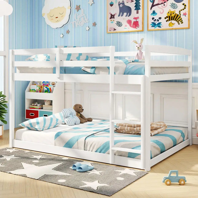 Full Over Full Bunk Bed Low-to-ground Bunk Bed-White - White - Bunk Bed Frame
