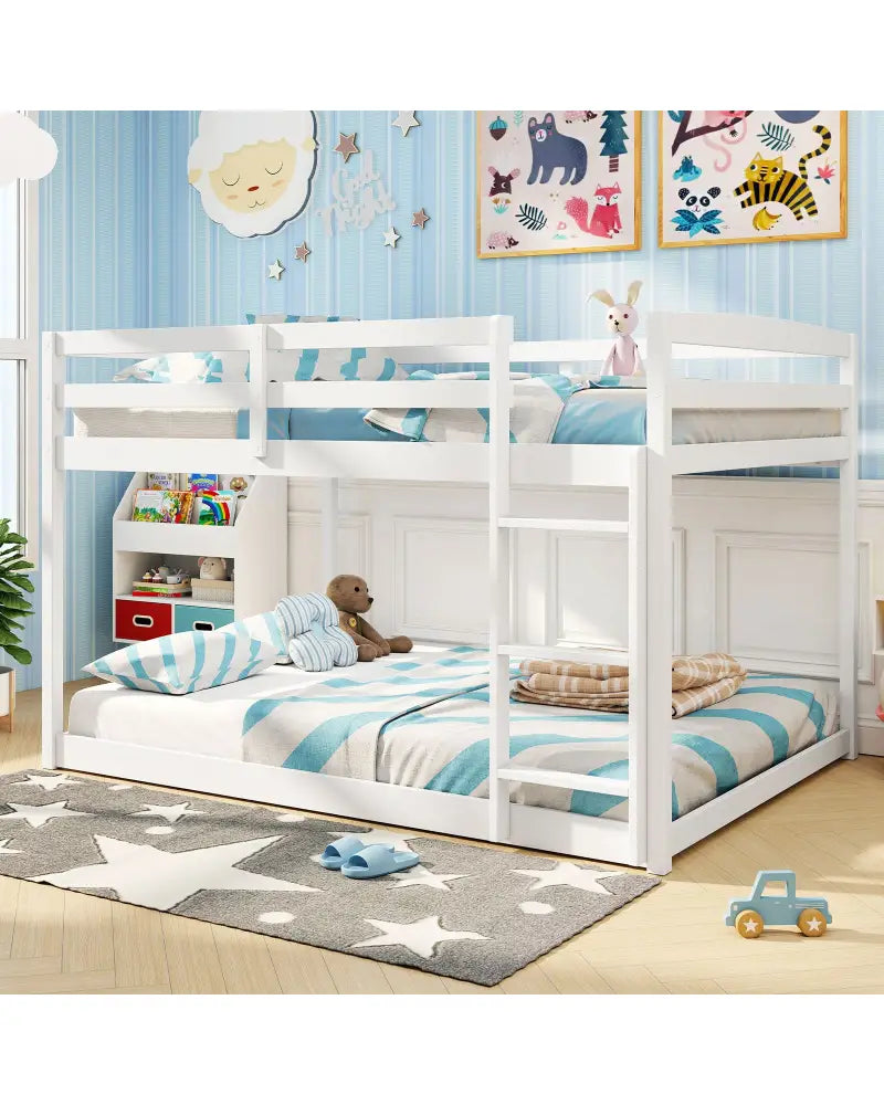 Full Over Full Bunk Bed Low-to-ground Bunk Bed-White - White - Bunk Bed Frame