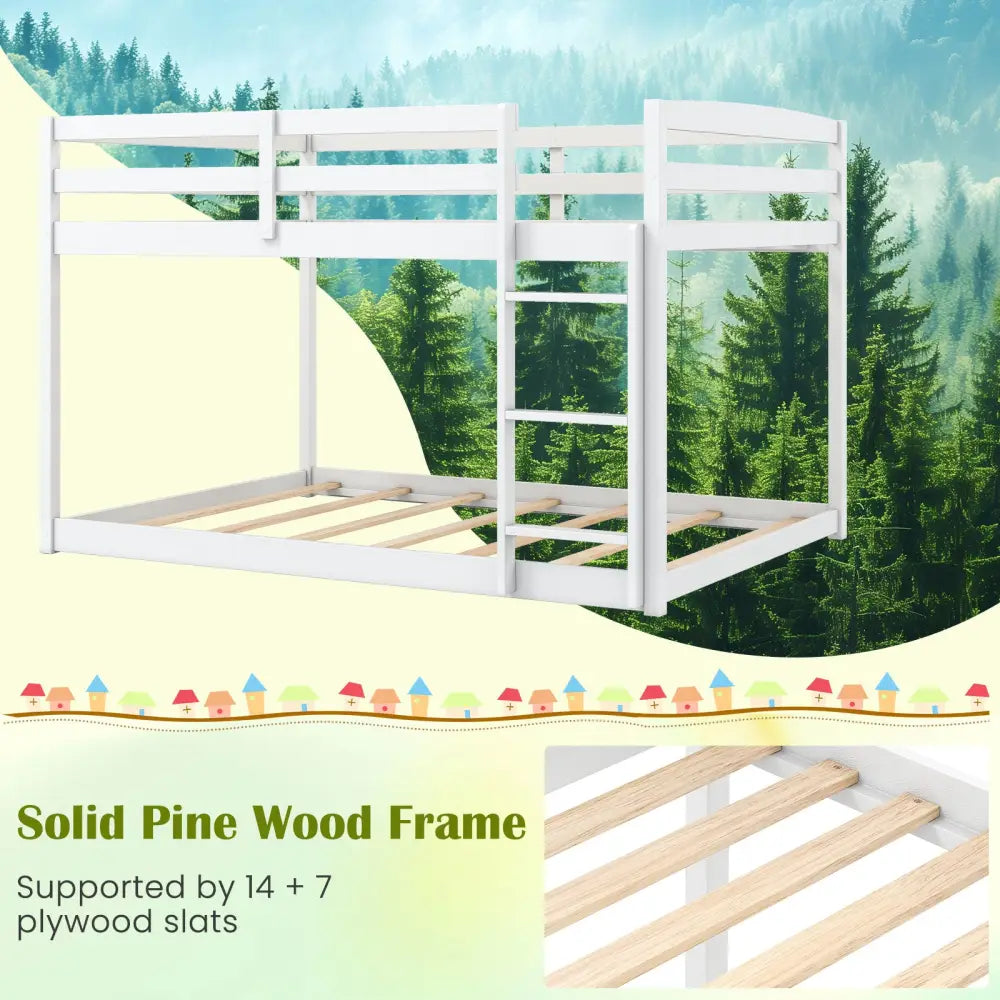 Full Over Full Bunk Bed Low-to-ground Bunk Bed-White - White - Bunk Bed Frame