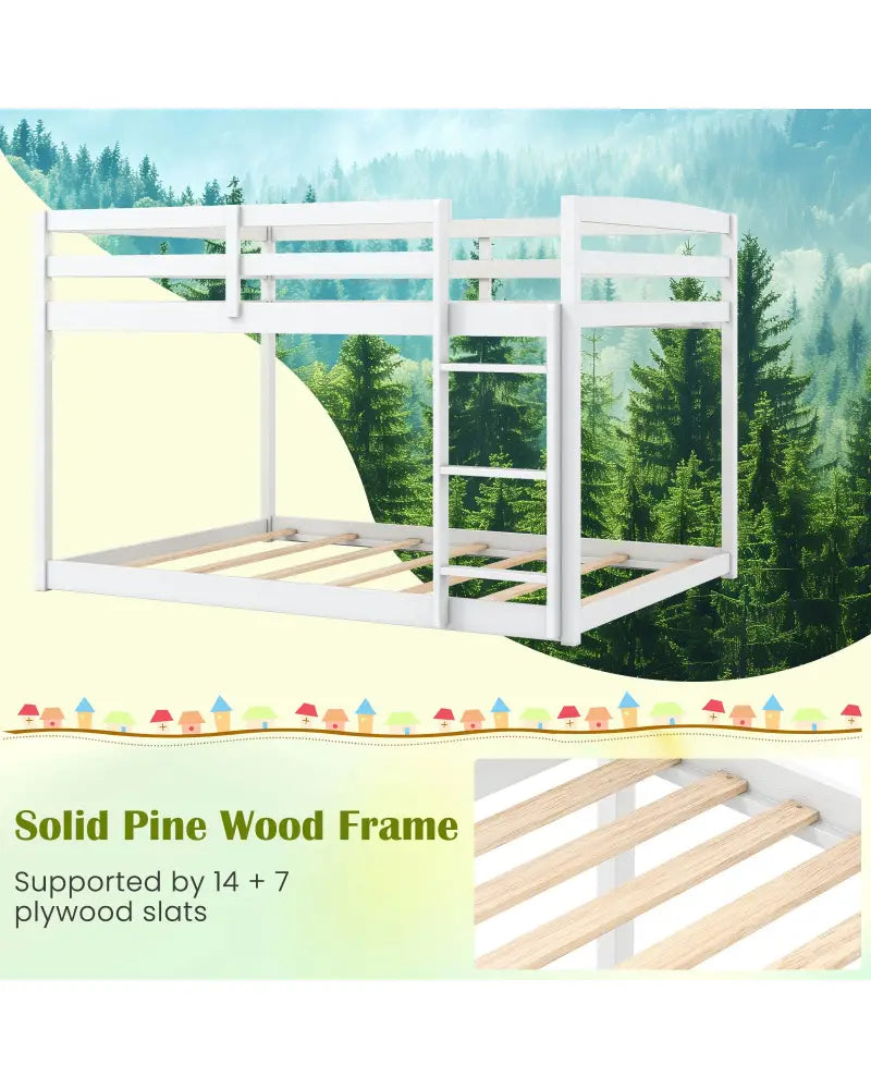 Full Over Full Bunk Bed Low-to-ground Bunk Bed-White - White - Bunk Bed Frame