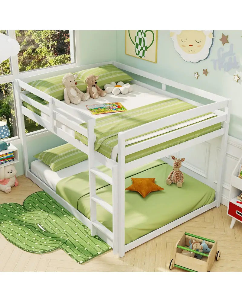Full Over Full Bunk Bed Low-to-ground Bunk Bed-White - White - Bunk Bed Frame
