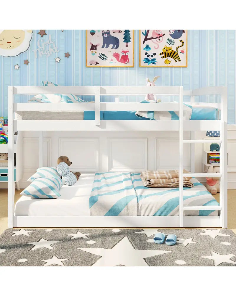 Full Over Full Bunk Bed Low-to-ground Bunk Bed-White - White - Bunk Bed Frame